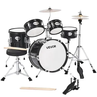 Vevor Schlagzeug Set, 5-teilig, inkl. 35,6 cm Basstrommel, 20,3 cm Snare, 15,2 cm & 20,3 cm Tomtoms, 25,4 cm Standtom, 25,4 cm Crash-Becken & 20,3 cm-Hi-Hat, für Kinder von 6–13 Jahren (schwarz)