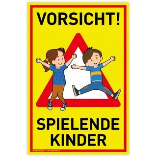 König Werbeanlagen Schild Vorsicht! Spielende Kinder | 20x30cm | wetterfestes PVC-Schild mit UV-Schutz | signalgelb | Achtung Spielplatz | Langsam! Spielende Kinder