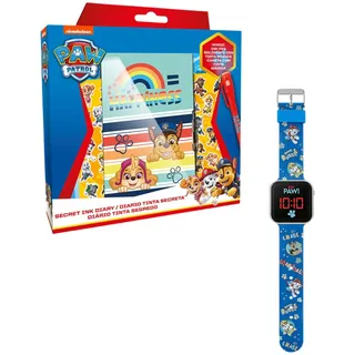 Paw Patrol Set aus Schreibwaren und Uhr, Inklusive Geheimem Tagebuch, Stift, Aufklebern, Vorhängeschloss mit Schlüsseln und Digitaluhr, Geschenk für Kinder