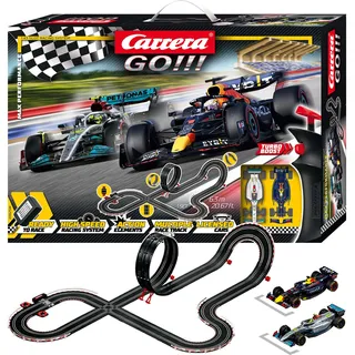 Carrera Go!!! Max Performance | Formel 1 Rennbahn-Set |Max Verstappen vs Louis Hamilton |2 Slotcars inkl. 2 Handregler mit Turbo-Knopf | inkl. Looping, Kreuzung, Fly-Over und Rundenzähler |