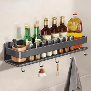 Nexoria Gewürzregal, Gewürzregal Wand Ohne Bohren Küchenregal Ohne Bohren Küchenregal Hängend Mit Haken Edelstahl Küchenhalterung Gewürzhalter Organizer Hängend Küchenregal Wand für Küche (B, 40cm)