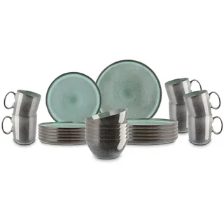 Peill+Putzler Germany 24-teiliges Kombiservice in grün aus Steinzeug, rundes Geschirr für 6 Personen, 6x Dessertteller, 6x Speiseteller, 6x Kaffeebecher, 6x Schalen, spülmaschinenfest
