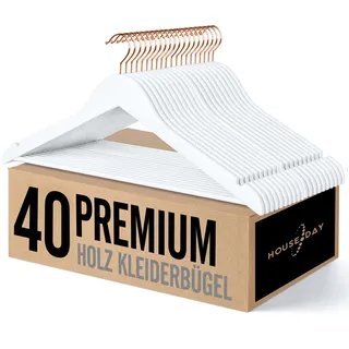 HOUSE DAY Kleiderbügel Holz, 40er Holzkleiderbügel, Kleiderbügel weiß für Anzüge, 360° drehbarer Haken in Roségold, rutschfest, Einkerbungen im Schulterbereich