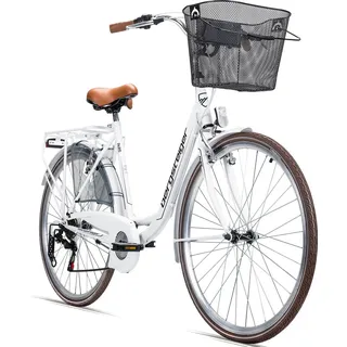 Bergsteiger Paris 26 Zoll Damenfahrrad, ab 140 cm, Korb, Fahrrad-Licht, Shimano 6 Gang-Schaltung, Damen-Citybike, Damenrad im Retro-Design - Weiß