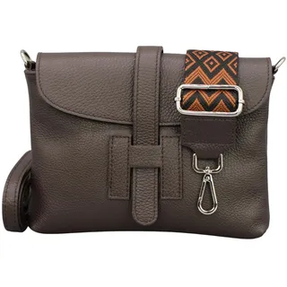 Brise Art Umhängetasche Damen Echtes Leder EVA Handgemachte Handtasche Kleine Schlanke Tasche 3 Fächer Crossbody Bag mit Ledergurt + Breiten Gemusterten Riemen Made in Italy (Dunkelbraun) - 23 x 15 x 3 cm