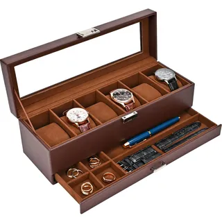 ProCase Uhrenbox mit 6 Fächern,Uhrenkasten mit Glasdeckel, 2 Ebenen, Uhrenkoffer mit herausnehmbaren Uhrenkissen, Uhrenschatulle für Schmuck, Ringe, Armbänder und Halsketten -Espresso