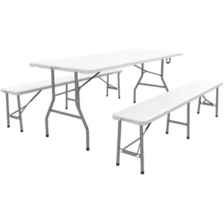 Outsunny Bierzeltgarnitur klappbare Festzeltgarnitur mit Biertisch, 2 Bierbänke, Gartenmöbelset für 6 Personen, Campingbedarf, Gartenparty, HDPE, Weiß Kunststoff, Gartenmöbel, Gartenmöbel-Sets