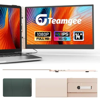 Teamgee 14,1" Laptop Bildschirm Erweiterung, 0,6kg Roségold Ultradünne Portable Monitor verstellbarem Drehständer, 1080P FHD Reisemonitor für 13"-17,3" Laptops, Plug & Play für Mac/Winds/Samsung DEX