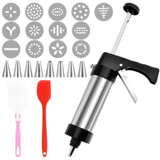 Fyeme Gebäckpresse Edelstahl Gebäckspritze mit 8 Spritztüllen 3 Scheiben Schaber Schwammpinsel rutschfest Abnehmbar Plätzchenpresse Back Zubehör für Kekse Kuchen Brot