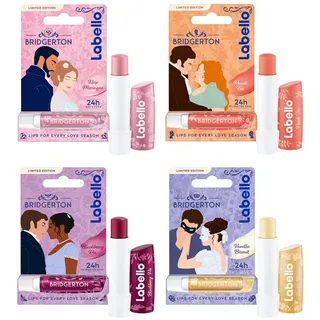 Labello Lippenpflegestift LIMITED BRIDGERTON EDITION Lippenpflegeset 24h Feuchtigkeit vegan, 4-tlg., Rose Meringue, Peach Tea, Blackberry Pie, Vanilla Biscuit