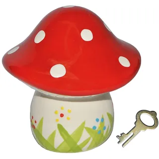Hucha Sparschwein Pilz - Porzellan / Keramik mit Schlüssel - stabile Sparbüchse Spardose Kinder Figur groß Glückspilz (Rot)