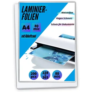 200 PREMIUM Laminierfolien DIN A4 - Hochglänzend mit Abheftrand (Filex) - 2 x 80mic (160 mic)