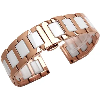 Kai Tian Two Tone Armbanduhr 18mm Weiß Keramik Armband für Damen Herren Roségold Edelstahl Uhrenband Alle Links Abnehmbares Ersatz Metall Uhrarmband mit Werkzeugen