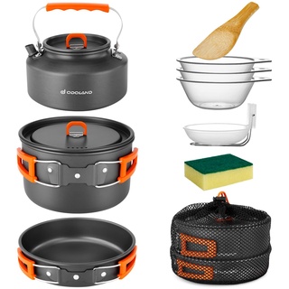 Odoland Camping Kochgeschirr Set, 10 Teilige Outdoor Geschirr Set mit Camping Topf 2.9L, Camping Bratpfanne 0.9L und Teekannen 1.6L für Camping Outdoor Kochen Wandern Reisen