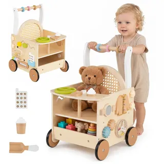 COSTWAY Lauflernwagen Holz, multifunktional Montessori-Baby Lauflernhilfe | Babywalker mit multifunktionalem Aktivitätszentrum, Laufspielzeug mit Rädern & Staufach, für Jungen & Mädchen ab 1 Jahr