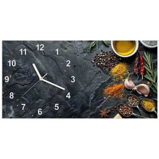 Primedeco Wanduhr Glasuhr Wandkunst Größe 60 x 30 cm mit Motiv Küche Zutaten