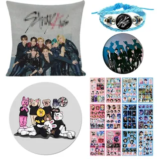 ZPPLD Stray Gift Set, Stray Fanartikel,Kpop Stray Fans Geschenk Set, Stray Kissenbezug Aufkleber,Geflochtenes Lederarmband,Brosche