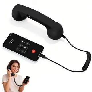 quivylivy Telefonhörer im Retro-Stil für Typ-C-Geräte, ergonomischer kabelgebundener Empfänger mit integriertem Mikrofon, ästhetisches Vintage-Design für Mobiltelefone & Videokonferenzen - Schwarz