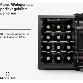 Klarstein Freistehender Weinkühlschrank 1 Zone, Getränkekühlschrank Klein, Kleiner Weinschrank, Wein-Kühlschrank Klein mit Glastür, Indoor/Outdoor Flaschenkühlschrank, Wine Fridge, 12 Uno 31 L / 12 Fl 5-18 °C Touch
