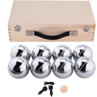 8-teilige Metall Boule Kugeln Set in Luxuriöser Holzkiste mit Magnet, Distanzmesser & Holz-Cochonnet – Boccia / Botcha Spiel für Kinder & Familien - Petanque, Jeu de Boules, Cross Boule - 010206