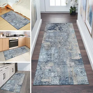 QQrunner Teppichläufer rutschfest Läufer Flur 100x100cm Küchenteppich Abstrakt Grau Blau Waschbar Meterware Schlafzimmer Korridor Teppich Lang, Länge Anpassbare, 40-120cm Breit