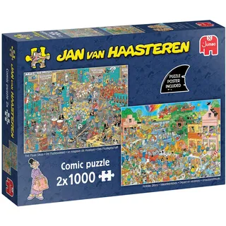 JUMBO Spiele Jan van Haasteren - Der Musikshop & Urlaubssitzel (2x1000 Teile) - Puzzle für Erwachsene - Zwei in eins