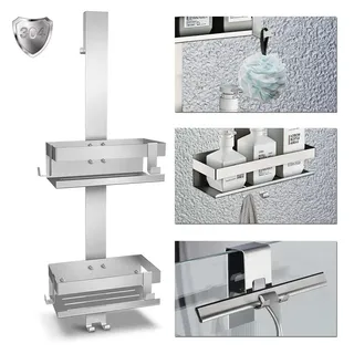 Mucola Duschablage Duschregal ohne Bohren Duschorganizer Handtuchhalter Badregal Korb, 1, inkl. Saugnäpfe verhindern Kratzer an der Scheibe silberfarben