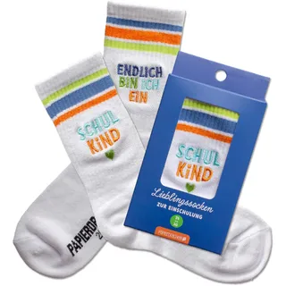 Papierdrachen Schulkind Socken - Blau - Endlich bin ich ein Schulkind - Geschenk zur Einschulung - Kindersocken Größe 26-30 - für Jungen und Mädchen - Schulanfang - Set 02 - 26-30