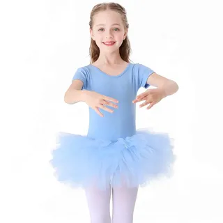 Bezioner Kinder Ballettkleidung Tütü Ballettkleid Mädchen Baumwolle Balletttrikot Kurzarm Ballettanzug Tanzbody mit Rock Blau 140