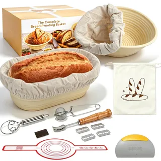 Sauerteig Starter Set, 10-Teiliges Gärkörbchen Set mit 2 Gärkorb (23cm Runde & 25cm Ovale), Teigschaber, Rostmesser, Gärtuch und Mehr, Brot Backen Zubehör, Geschenk für Anfänger und Bäcker