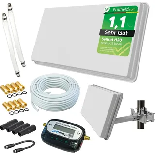 netshop 25 Selfsat H30D2+ Flachantenne Twin - 20m Kabel Fensterhalterung SAT-Finder - 2 Fensterdurchführung + 8 F-Stecker + 4 Wetterschutztüllen (Full H...