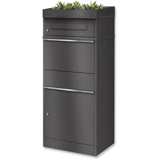 Metzler Paketbriefkasten mit Pflanzdach und Paketfach aus Edelstahl mit Namensschild personalisierbar, wetterfest und abschließbar, Farbe Eisenglimmer, freistehend oder Wandmontage, XXL Größe