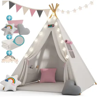 SPIELWERK Spielwerk® Tipi Zelt für Kinder Indoor 130x130cm Set mit Bodenmatte Beige Rosa