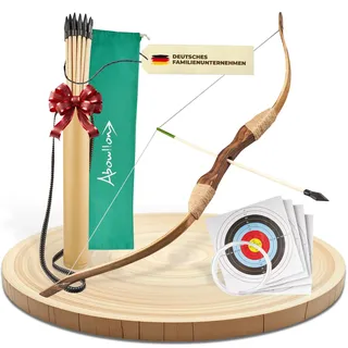 Abowllon® Pfeil und Bogen Kinder Sportgerät Set 15 Pfeile mit Gummispitze, Köcher, Tasche & 4 Zielscheiben | Bogenschießen Kinder | Für Rechts und Linkshänder