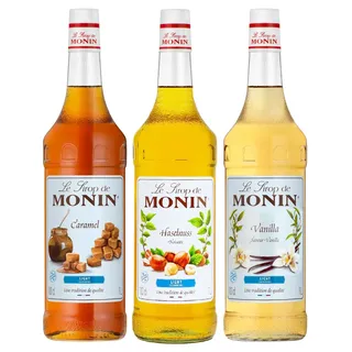 Monin Light Mix 3 x 1l Sirup Probierpaket für Kaffee Milchshakes und Desserts zuckerreduzierte Vanille - Karamell und Haselnuss