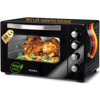 Minibackofen 45 Liter mit Glasfront und 2.000 Watt | Mini Backofen mit Umluft, Drehspieß und Krümelblech | Ober-/Unterhitze | Konvektion | 60 min Timer | Neues luft-isolierten Gehäuse, Mini-Ofen