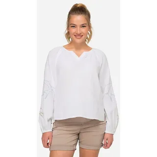Laurasøn Satinbluse Bluse Vogel-Stickerei Tunika-Ausschnitt weiß XXL