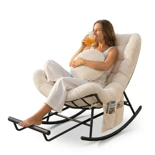 LVHOM Schaukelsessel mit verstellbarer Fußstütze, Schaukelstuhl Cordbezug, Rattanstuhl mit Stahlgestell und Seitentasche, Loungesessel, Beige - Beige