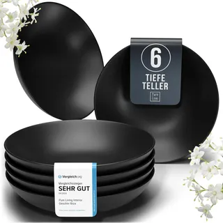 Steingut Suppenteller 6 Personen Manhattan TESTSIEGER, Cooles Urbanes Steingut Tiefe Teller Set, Pasta Teller Tief Groß - Pure Living in matt Schwarz