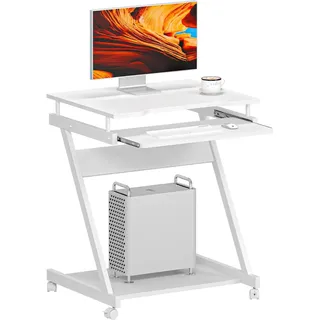 SogesHome PC-Schreibtisch mit Rollen, Mobiler Computertisch mit Tastaturauszug & unterer Ablage für Tower und Bücher – Kleiner Arbeitsplatz für Homeoffice, Büro oder Studenten, Weiß
