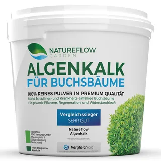 TESTSIEGER Bio Algenkalk für Buchsbäume – Widerstandskraft und Regeneration für anfällige Buchsbäume (Buchsbaumzünsler) - Premium Buchsbaum Dünger und Spritzmittel - Buchsbaumdünger 2,5kg