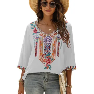 drakloak Bluse Stickerei Damen Boho Oberteile Tunika Folklore Hippie Blusen Bohemian Kleidung(328 WT 3XL) - 3XL