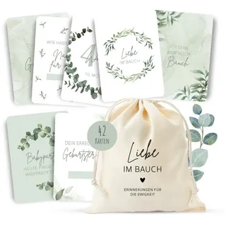 MeinBaby123 MeinBaby123® Meilensteinkarten Schwangerschaft | Meilenstein Karten Set Geschenk zur Schwangerschaft | Fotokarten für die Schwangerschaft | 42 Karten Inkl. hochwertigem Baumwollsäckchen (Eukalyptus)