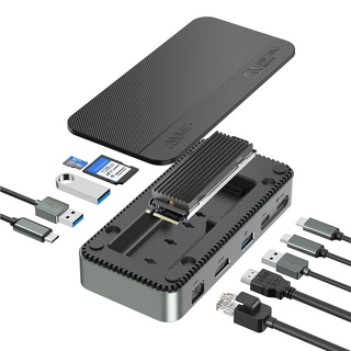 USB-C-Hub mit M.2-NVMe-SSD-Gehäuse, 10-in-1-USB-C-Dockingstation, Multiport-Adapter-Dongle mit 10 Gbit/s USB 3.2-A/C, 4K@60Hz HDMI, 100 W PD, SD/TF, Gigabit-Ethernet, M.2 NVMe/SATA SSD-Lesegerät