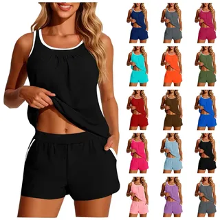 AACH Tankini Damen Bauchweg Zweiteiler Sommer Elegante Bademode Oberteil mit Brustpolster und Badeshorts Set Strand Mode Schwimmanzug Einfarbig Badebekleidung 2026 Sportlicher Swimsuit - L