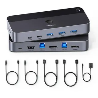 UGREEN HDMI 2.0 KVM Switch 4K@60Hz USB 3.0 Switch 4 Ports (3*USB 3.0+ USB C) Sharing 1 Monitor und Tastatur, Maus, Drucker, U disk für 2 PC mit 2 USB Kabeln und 2 HDMI Kabeln.