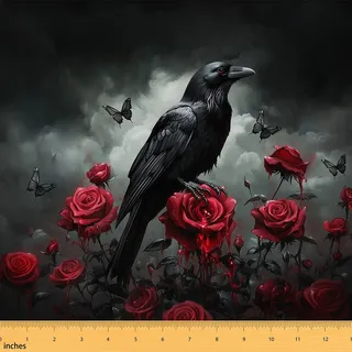 Homemissing Gothic Raven Stoff 184x150cm für Stühle Gothic Red Rose Polsterstoff Halloween für Zuhause DIY Projekte Stoff Meterware Polyester