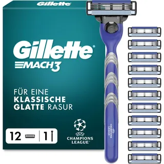 Gillette Mach3 Standard Rasierer Herren, UEFA Champions League Special Edition — Inkl 1 Nassrasierer, Reiseschutzkappe, 12 Ersatzklingen mit Gleitstreifen und Klingenbeschichtung — Blau/Grau