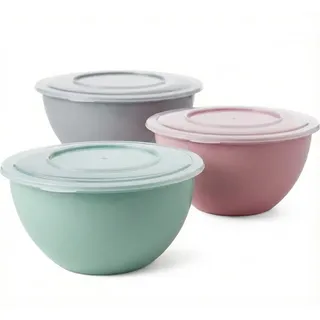 2friends Salatschüssel mit Deckel 3er Set Rührschüssel, lebensmittelechter BPA-freier Kunststoff, Schüssel Made in EU, 5L Volumen, Ø28cm Durchmesser, Hellgrau Pastellrosa Pastellgrün
