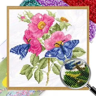 Generisch Diy Perlenstickerei Set für Erwachsene Anfänger, Schmetterling Blume, Einfaches Perlenstickerei Kit, Nadelspitzen-Set, Perlen Kreuzstich, 3D Perlenmalerei, Handarbeit 27x27cm